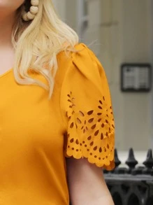 SHEIN Clasi Plus Laser Cut Puff Sleeve Blouse - Mustard Yellow - View 3