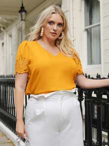 SHEIN Clasi Plus Laser Cut Puff Sleeve Blouse - Mustard Yellow - View 4