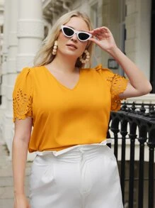 SHEIN Clasi Plus Laser Cut Puff Sleeve Blouse - Mustard Yellow - View 5