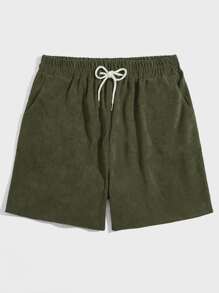 ROMWE MEN Quần Short Nam Dây kéo Túi Thắt nơ trước màu trơn Giải trí - xanh quân đội - Xem 1