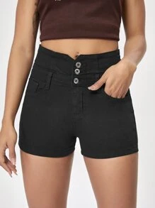 Button Fly Denim Shorts - Black - View 1