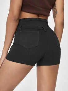 Button Fly Denim Shorts - Black - View 2