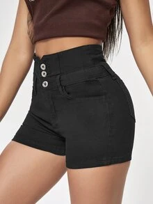 Button Fly Denim Shorts - Black - View 3