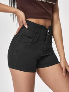 Button Fly Denim Shorts - Black - View 4