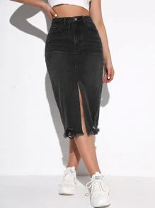 Váy denim nữ Nút Túi Hem thô Bị tách Dây kéo Tách cao màu trơn - màu đen - Xem 1