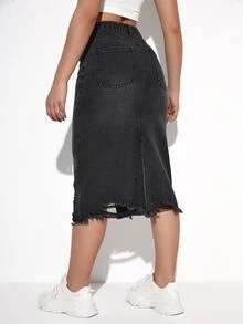 Váy denim nữ Nút Túi Hem thô Bị tách Dây kéo Tách cao màu trơn - màu đen - Xem 2