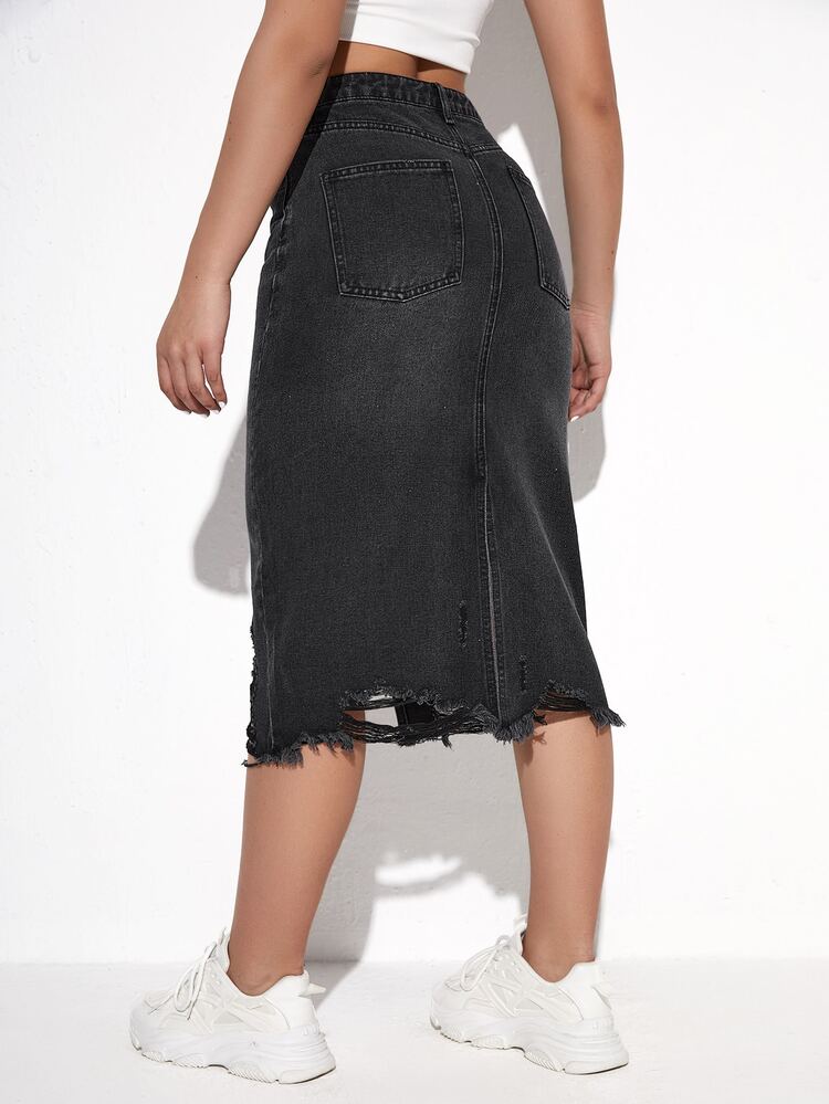 Váy denim nữ Nút Túi Hem thô Bị tách Dây kéo Tách cao màu trơn - màu đen - Xem 2