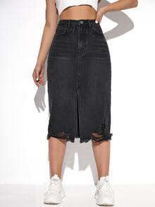 Váy denim nữ Nút Túi Hem thô Bị tách Dây kéo Tách cao màu trơn - màu đen - Xem 3