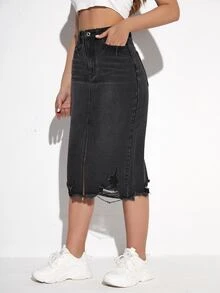 Váy denim nữ Nút Túi Hem thô Bị tách Dây kéo Tách cao màu trơn - màu đen - Xem 4