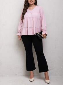 大碼荷葉袖荷葉邊下擺襯衫 - 淺粉色 - 查看 1