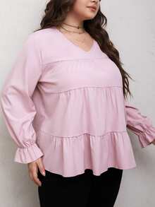 大碼荷葉袖荷葉邊下擺襯衫 - 淺粉色 - 查看 3