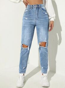 SHEIN EZwear Ripped Detail Mom Jeans - Light Wash - View 2