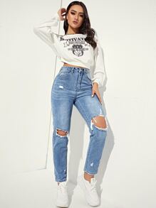 SHEIN EZwear Ripped Detail Mom Jeans - Light Wash - View 4
