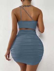 SHEIN SXY One Shoulder Cut Out Ruched Bodycon Dress - Dusty Blue - View 2