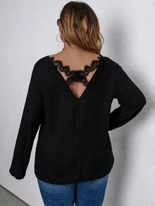 Áo thun Plus size Tương phản ren Hội Chữ thập màu trơn Giải trí - màu đen - Xem 2