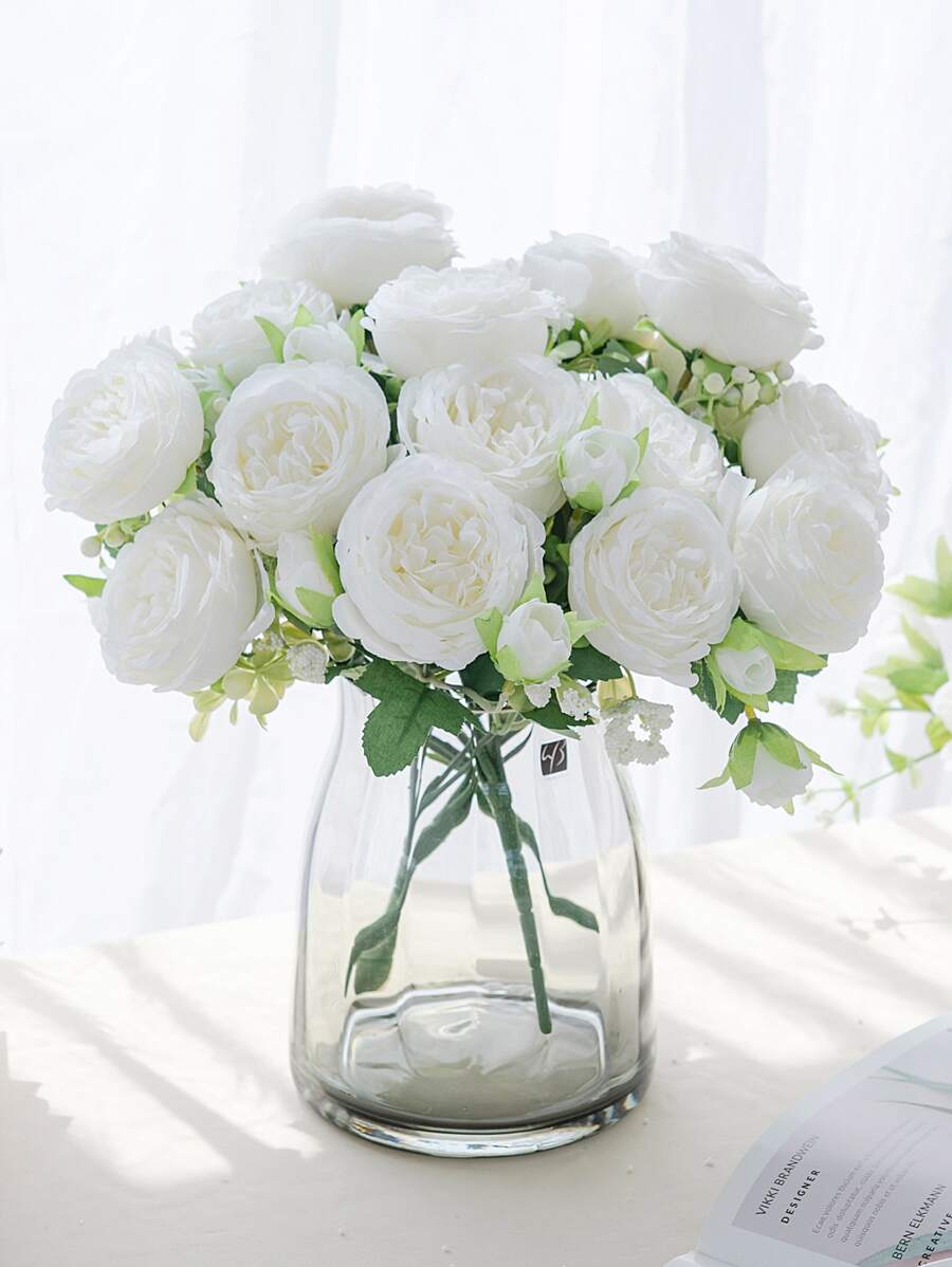 1/3/6支人造牡丹玫瑰花束，适用于婚礼装饰、室内装饰、秋季装饰、花园秋季装饰、新娘捧花、DIY蛋糕装饰、花环制作、卧室花瓶装饰、秋季户外花园装饰、生日派对、活动装饰、情人节礼物和新年装饰。 - 白色 - 查看 1