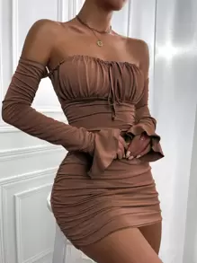 SHEIN SXY Off Shoulder Backless Flounce Sleeve Ruched Bodycon Dress - Coffee Brown - View 1