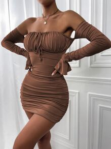 SHEIN SXY Off Shoulder Backless Flounce Sleeve Ruched Bodycon Dress - Coffee Brown - View 4
