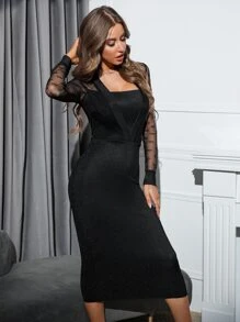 Modelyn Vestido ajustado brillante de cuello cuadrado panel con malla - Negro - Ver 1