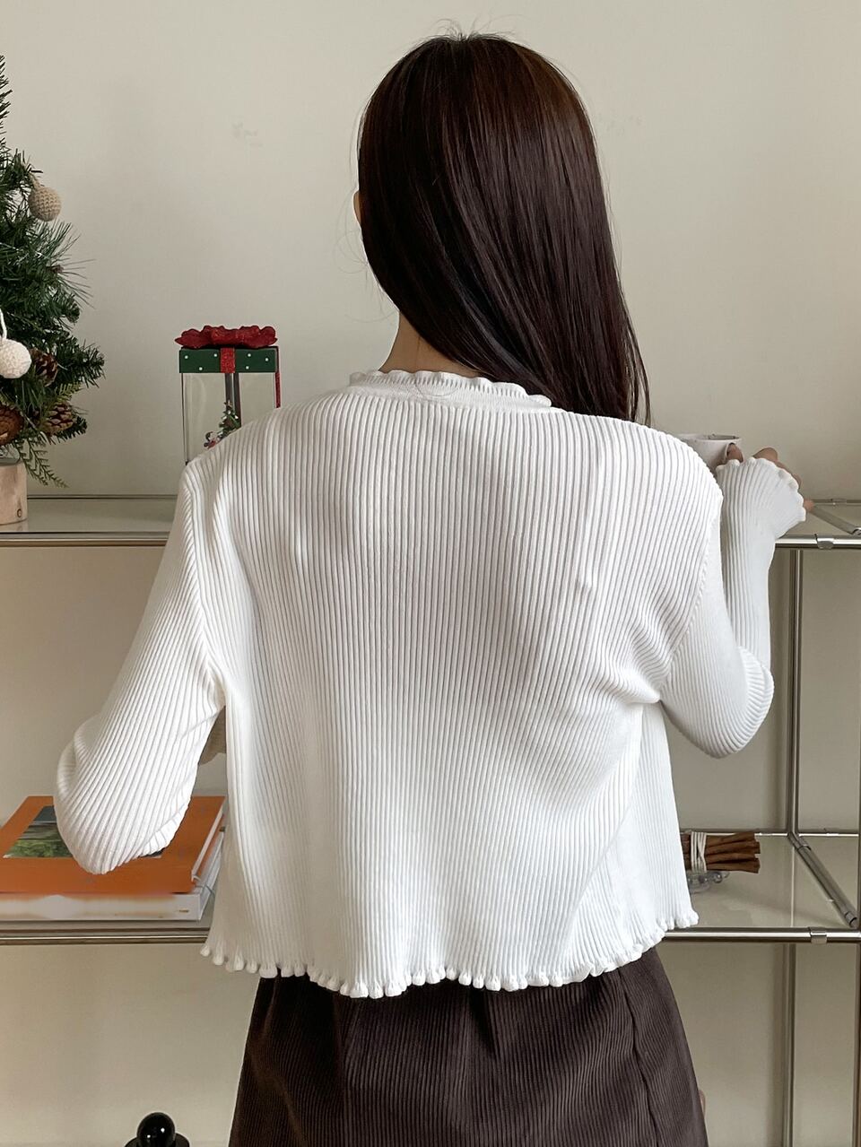 Lettuce Trim Ribbed Knit Button Front Cardigan,Fall Clothes