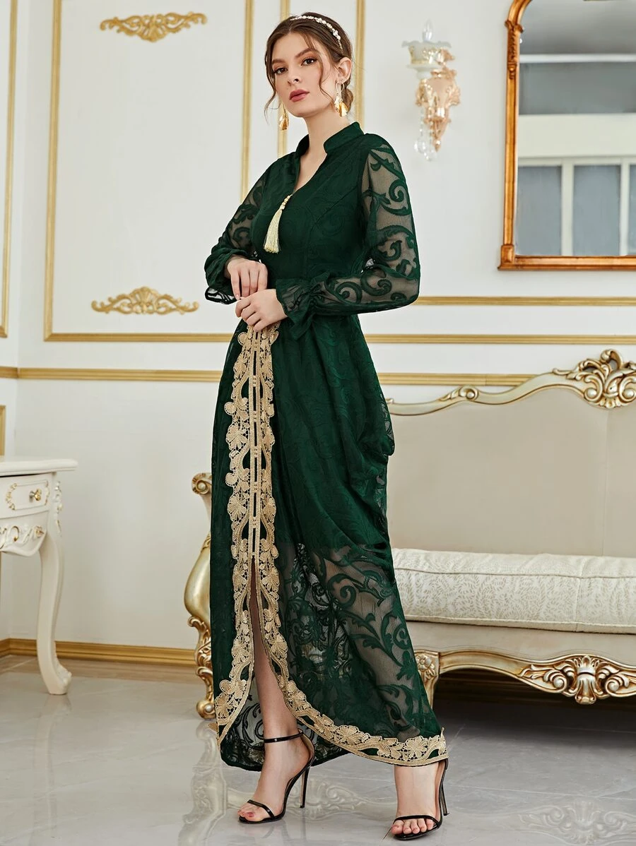 Al Najma 流蘇細節荷葉袖不對稱下擺蕾絲連衣裙 - 墨綠色 - 查看 1
