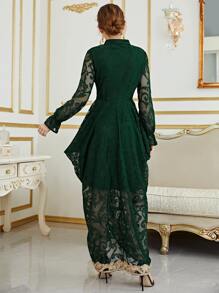 Al Najma 流蘇細節荷葉袖不對稱下擺蕾絲連衣裙 - 墨綠色 - 查看 2