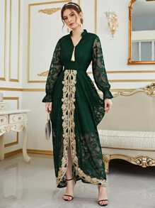 Al Najma 流蘇細節荷葉袖不對稱下擺蕾絲連衣裙 - 墨綠色 - 查看 3