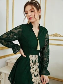 Al Najma 流蘇細節荷葉袖不對稱下擺蕾絲連衣裙 - 墨綠色 - 查看 4