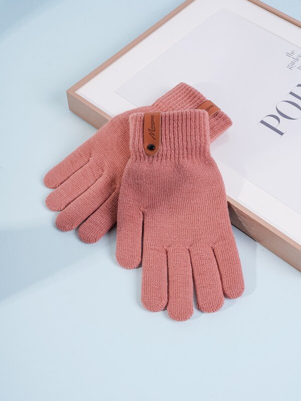 1pair Men's Winter Warm Knitted Gloves With Leather Label, Suitable For Outdoor Activities