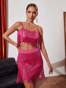 流蘇邊吊帶短上衣和包臀半身裙 - 玫紅色 - 查看 1