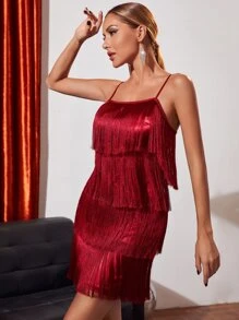 SHEIN Unity Layered Fringe Trim Satin Cami Dress - Burgundy - View 1