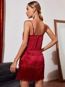 SHEIN Unity Layered Fringe Trim Satin Cami Dress - Burgundy - View 2