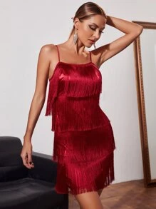 SHEIN Unity Layered Fringe Trim Satin Cami Dress - Burgundy - View 4
