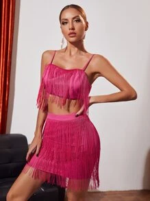 流蘇邊吊帶短上衣和包臀半身裙 - 玫紅色 - 查看 5