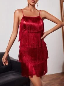 SHEIN Unity Layered Fringe Trim Satin Cami Dress - Burgundy - View 5