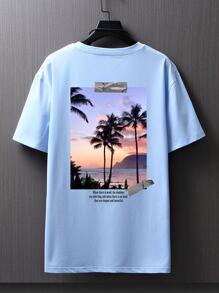 Manfinity RSRT Camisetas de hombre, ajustadas, de cuello redondo, mangas cortas, gráficas, palmeras, poliéster de verano - Celeste - Ver 1
