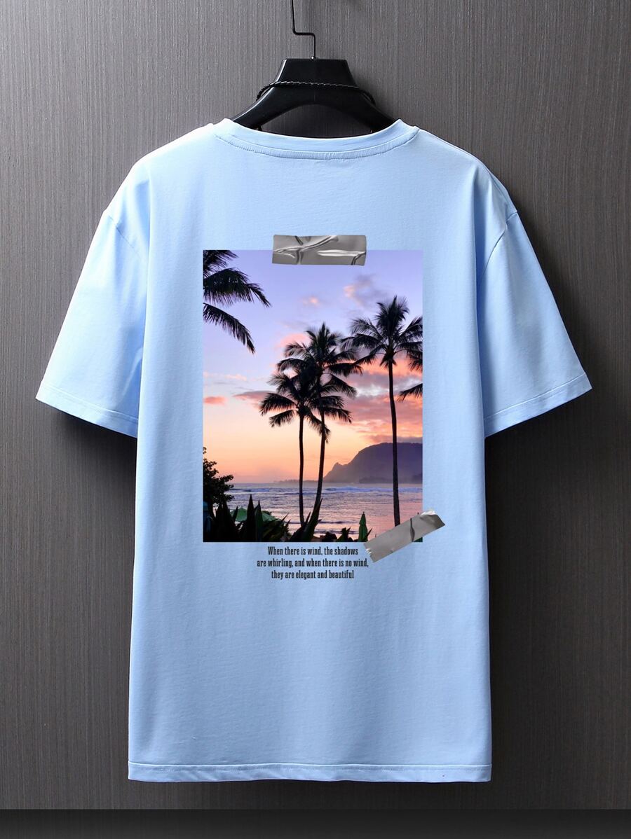 Manfinity RSRT Camisetas de hombre, ajustadas, de cuello redondo, mangas cortas, gráficas, palmeras, poliéster de verano - Celeste - Ver 1