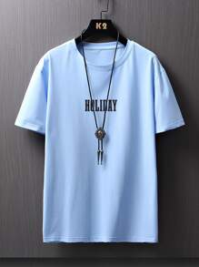 Manfinity RSRT Camisetas de hombre, ajustadas, de cuello redondo, mangas cortas, gráficas, palmeras, poliéster de verano - Celeste - Ver 2