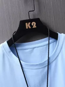 Manfinity RSRT Camisetas de hombre, ajustadas, de cuello redondo, mangas cortas, gráficas, palmeras, poliéster de verano - Celeste - Ver 7