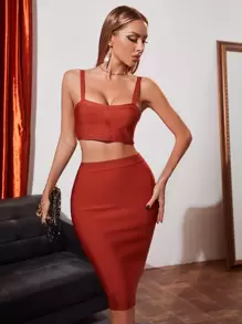 後拉鏈吊帶短上衣和包臀半身裙 - 鏽棕色 - 查看 1