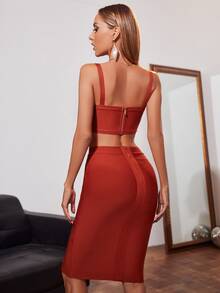 後拉鏈吊帶短上衣和包臀半身裙 - 鏽棕色 - 查看 2