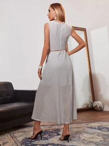SHEIN Unity 網紗木耳邊腰帶亮片連衣裙 - 淺灰色 - 查看 2
