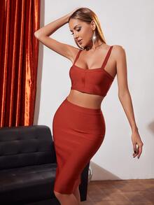 後拉鏈吊帶短上衣和包臀半身裙 - 鏽棕色 - 查看 3