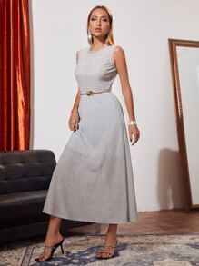 SHEIN Unity 網紗木耳邊腰帶亮片連衣裙 - 淺灰色 - 查看 4