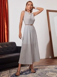 SHEIN Unity 網紗木耳邊腰帶亮片連衣裙 - 淺灰色 - 查看 5