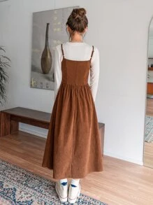 DAZY Slant Pocket Fake Button Corduroy Cami Dress Without Tee,Fall Clothes - Brown - View 2