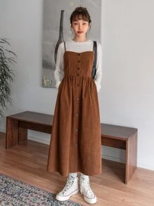 DAZY Slant Pocket Fake Button Corduroy Cami Dress Without Tee,Fall Clothes - Brown - View 3