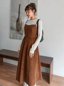 DAZY Slant Pocket Fake Button Corduroy Cami Dress Without Tee,Fall Clothes - Brown - View 4