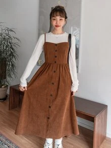 DAZY Slant Pocket Fake Button Corduroy Cami Dress Without Tee,Fall Clothes - Brown - View 5