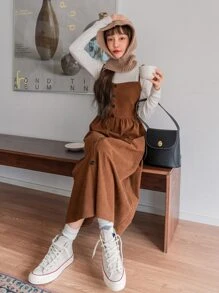 DAZY Slant Pocket Fake Button Corduroy Cami Dress Without Tee,Fall Clothes - Brown - View 7